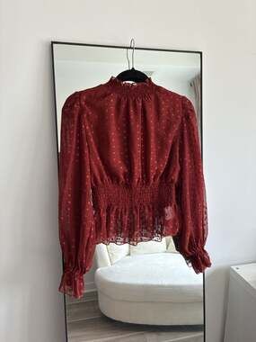 o.p.t. Burgundy Clip-Dot Mock Neck Blouse